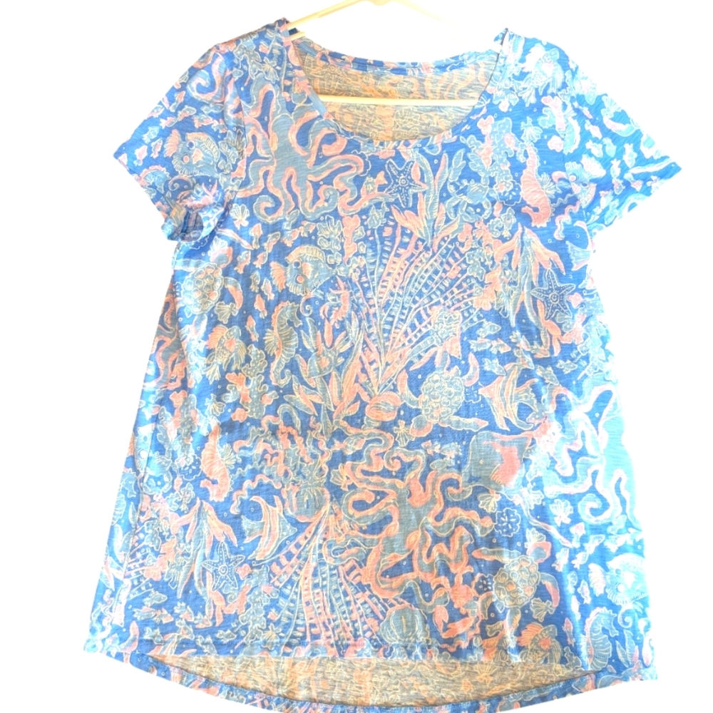 SOLD- Lilly Pulitzer Etta Scoop Neck Tee, Boca Blue Sea What I See, Large